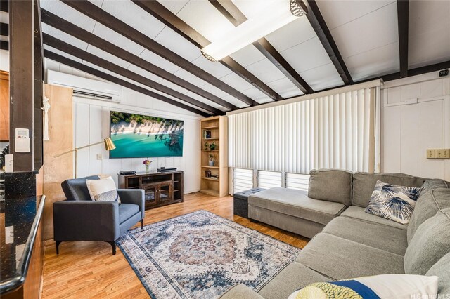 95-207 Waipono St, Mililani, HI 96789 - living room with lofted ceiling with beams, wood finished floors, and a wall unit AC