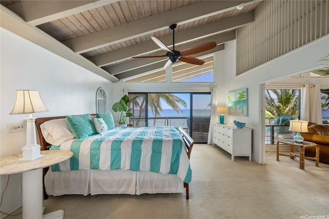 carpeted bedroom featuring high vaulted ceiling, multiple windows, access to exterior, and beam ceiling