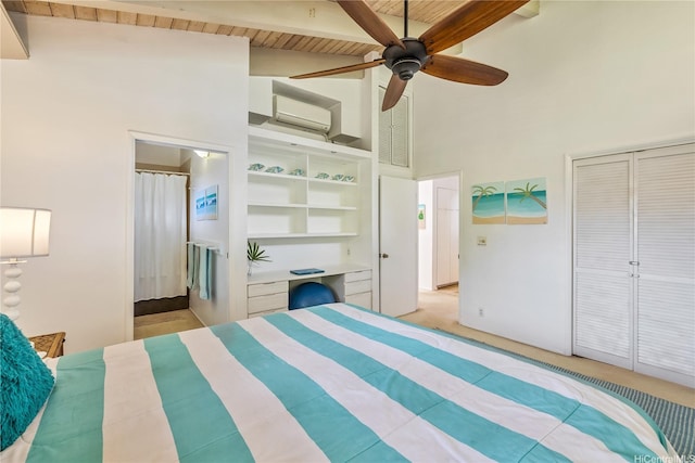 bedroom featuring high vaulted ceiling, beamed ceiling, a wall unit AC, light colored carpet, and a closet
