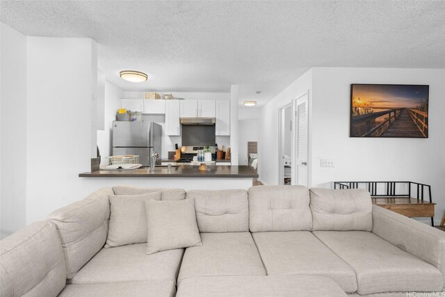 living room featuring a textured ceiling