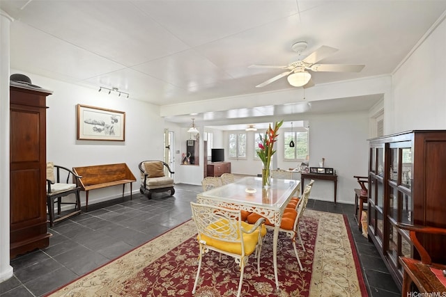 2168 Round Top Dr, Honolulu, HI 96822 - dining space with dark tile patterned floors, baseboards, and ceiling fan