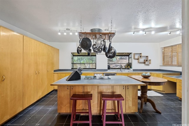 2168 Round Top Dr, Honolulu, HI 96822 - kitchen featuring track lighting, dark tile patterned flooring, a kitchen bar, a sink, and a center island