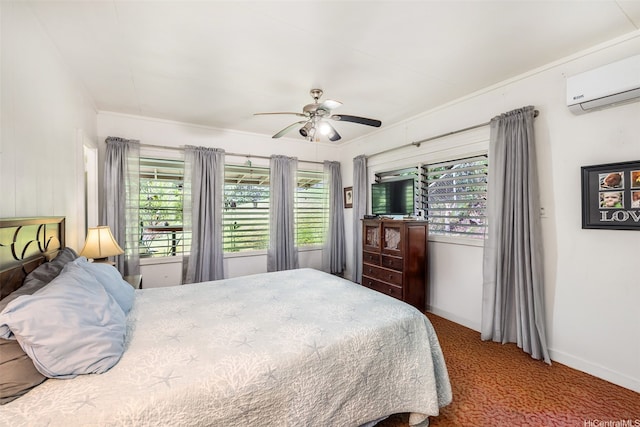 2168 Round Top Dr, Honolulu, HI 96822 - carpeted bedroom featuring a ceiling fan, a wall mounted AC, and baseboards