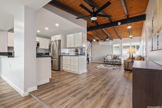 914 Lemiwai St, Wahiawa, HI 96786 - kitchen featuring appliances with stainless steel finishes, a wall mounted AC, open floor plan, dark countertops, and wood ceiling