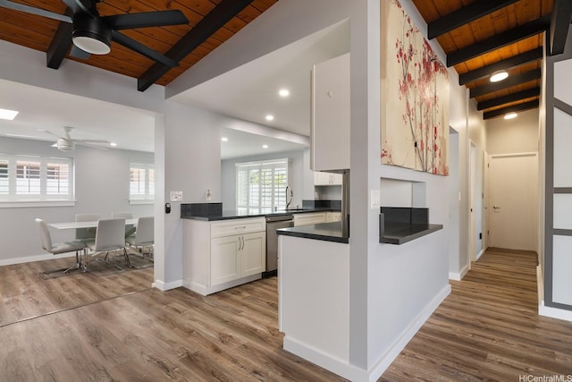914 Lemiwai St, Wahiawa, HI 96786 - kitchen featuring a ceiling fan, wood ceiling, dark countertops, dishwasher, and white cabinetry
