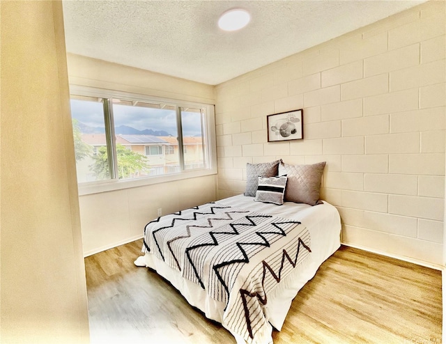 bedroom with wood finished floors, a textured ceiling, and baseboards