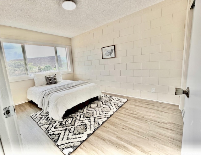 bedroom featuring wood finished floors, a textured ceiling, and baseboards