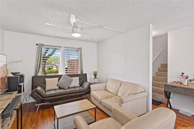 92-1327 Panana St Unit 49, Kapolei, HI 96707 - living room with stairs, wood finished floors, a textured ceiling, and ceiling fan