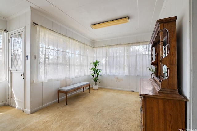 sitting room with a healthy amount of sunlight, carpet flooring, and ornamental molding