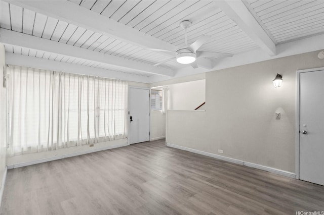 unfurnished living room featuring beamed ceiling, wood finished floors, baseboards, and ceiling fan