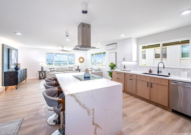 1129 Ala Aloalo St, Honolulu, HI 96818 - kitchen featuring dishwasher, island range hood, a sink, black electric stovetop, and open floor plan
