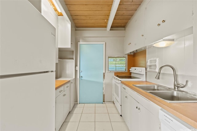 kitchen with a sink, white appliances, wood ceiling, light countertops, and white cabinets