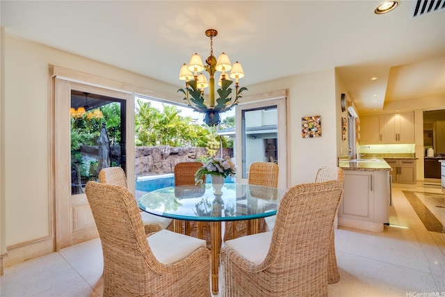4504 Kahala Ave, Honolulu, HI 96816 - dining space featuring a notable chandelier, recessed lighting, light tile patterned flooring, and visible vents