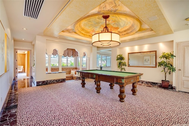 4504 Kahala Ave, Honolulu, HI 96816 - recreation room featuring recessed lighting, visible vents, billiards, and a raised ceiling