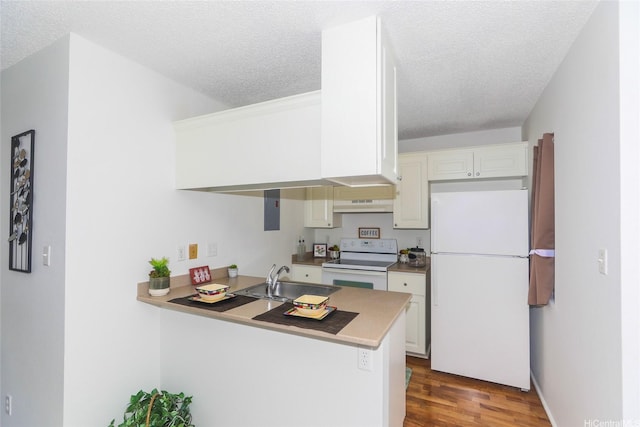 kitchen featuring under cabinet range hood, wood finished floors, a sink, white appliances, and a peninsula