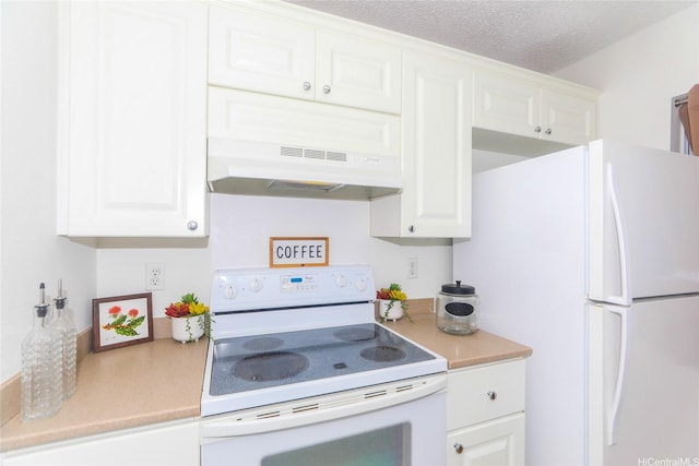 kitchen with light countertops, white cabinetry, under cabinet range hood, and white appliances