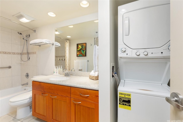 229 Paoakalani Ave Unit 3801, Honolulu, HI 96815 - laundry room featuring recessed lighting, laundry area, light tile patterned floors, a sink, and stacked washer and dryer