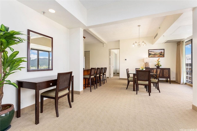 229 Paoakalani Ave Unit 3801, Honolulu, HI 96815 - dining space featuring visible vents, beam ceiling, baseboards, light colored carpet, and a notable chandelier