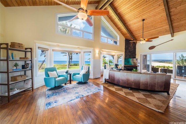 133 Kaula Ili Way, Maunaloa, HI 96770 - living room featuring wooden ceiling, hardwood / wood-style flooring, high vaulted ceiling, and ceiling fan