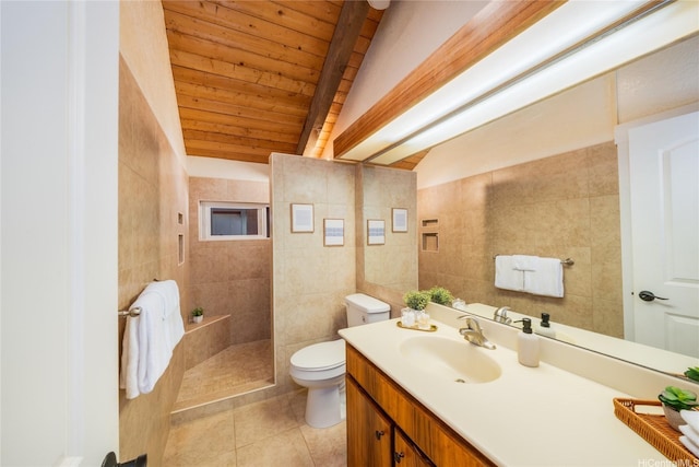 133 Kaula Ili Way, Maunaloa, HI 96770 - bathroom with tile patterned floors, toilet, vanity, wooden ceiling, and tiled shower