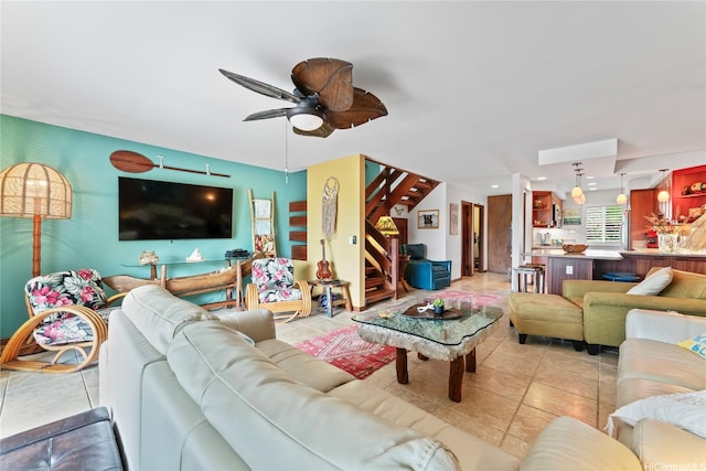 411 Kaelepulu Dr Unit E, Kailua, HI 96734 - living room with ceiling fan, light tile patterned floors, recessed lighting, and stairs