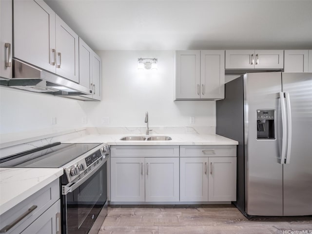 94-615 Kahakea St Unit 9G, Waipahu, HI 96797 - kitchen featuring a sink, stainless steel appliances, light stone countertops, under cabinet range hood, and gray cabinetry