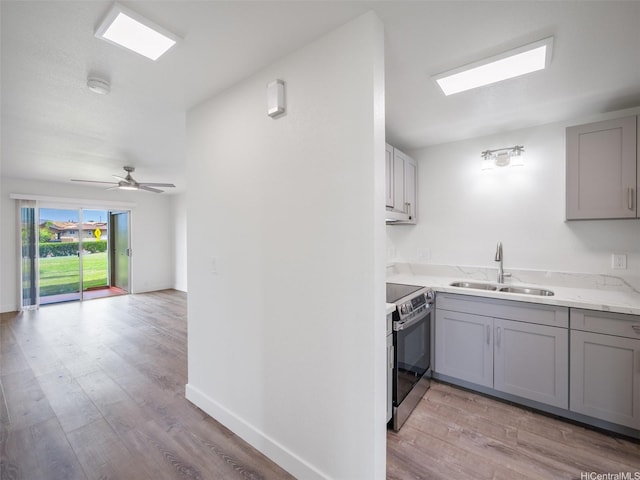 94-615 Kahakea St Unit 9G, Waipahu, HI 96797 - kitchen featuring a sink, gray cabinetry, stainless steel range with electric cooktop, and light wood-style floors