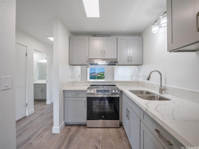 94-615 Kahakea St Unit 9G, Waipahu, HI 96797 - kitchen with light wood-style flooring, under cabinet range hood, a sink, stainless steel range with electric stovetop, and gray cabinets
