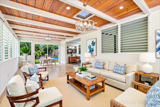 1182 Lauloa St, Kailua, HI 96734 - living area featuring wood finished floors, beamed ceiling, baseboards, a chandelier, and wooden ceiling