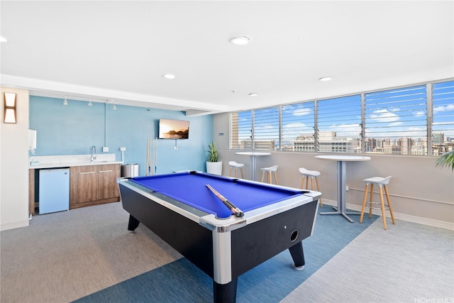 2427 Kuhio Ave Unit 2205, Honolulu, HI 96815 - recreation room with recessed lighting, wet bar, pool table, baseboards, and light colored carpet