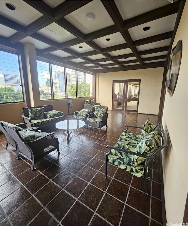 interior space with beam ceiling, recessed lighting, and coffered ceiling