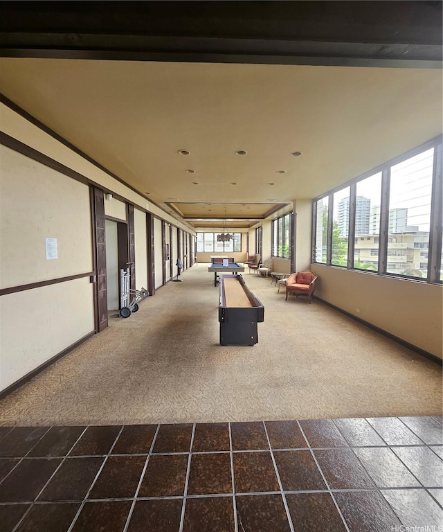 rec room featuring recessed lighting, carpet flooring, and baseboards