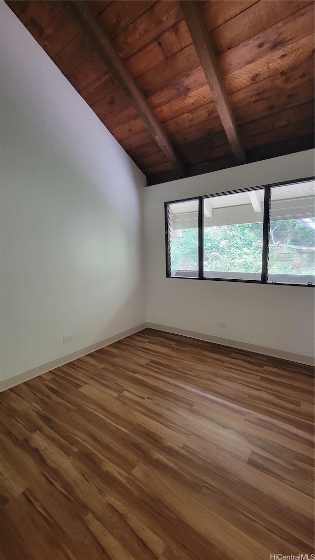 unfurnished room featuring lofted ceiling with beams, baseboards, wooden ceiling, and wood finished floors