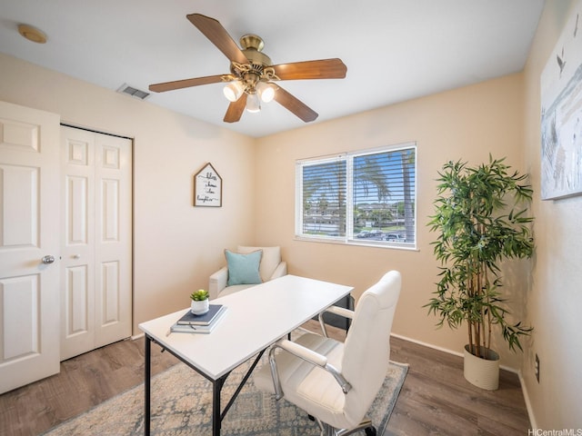 91-1075 Lanakoi St, Kapolei, HI 96707 - home office featuring wood finished floors, a ceiling fan, and baseboards