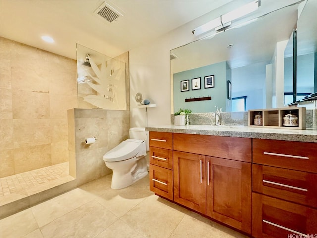 555 Hahaione St Unit 10F, Honolulu, HI 96825 - bathroom with vanity, walk in shower, toilet, tile patterned flooring, and visible vents