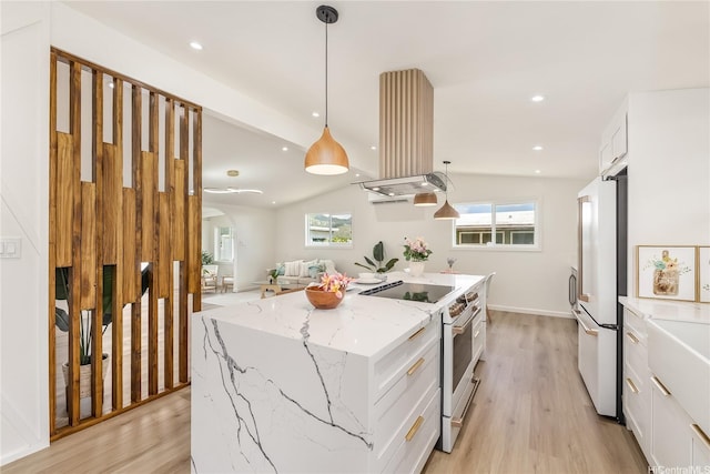 kitchen with island exhaust hood, light wood finished floors, white appliances, a center island, and white cabinetry