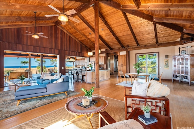 living room featuring wood finished floors, a ceiling fan, beam ceiling, wood ceiling, and high vaulted ceiling