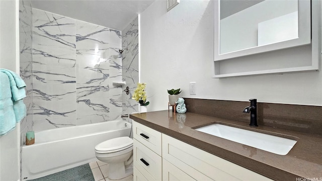 full bath with visible vents, shower / bathtub combination, vanity, and toilet
