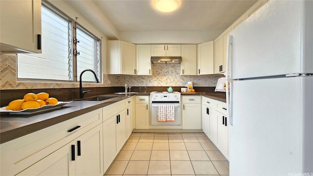 kitchen featuring dark countertops, a sink, decorative backsplash, white appliances, and under cabinet range hood