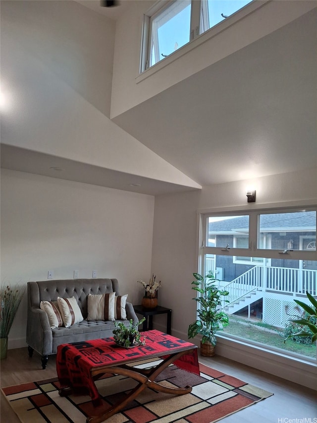 living room with baseboards, wood finished floors, and a towering ceiling