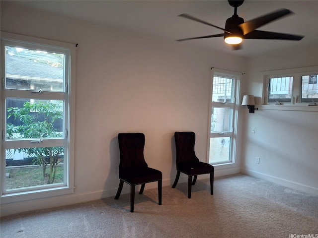 living area featuring baseboards, a healthy amount of sunlight, and carpet flooring