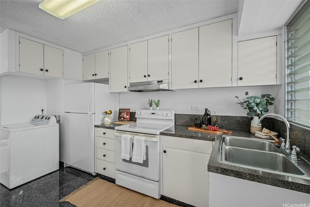 3350 Sierra Dr Unit 601, Honolulu, HI 96816 - kitchen with washer and clothes dryer, a sink, white cabinetry, white appliances, and under cabinet range hood
