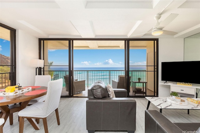living area with a ceiling fan, wood finished floors, and a wall of windows