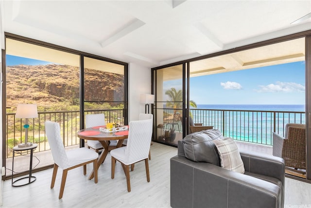 sunroom with a wealth of natural light, wood finished floors, and floor to ceiling windows