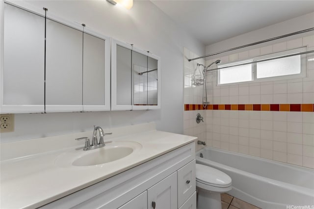 full bathroom featuring shower / bathtub combination, toilet, tile patterned floors, and vanity