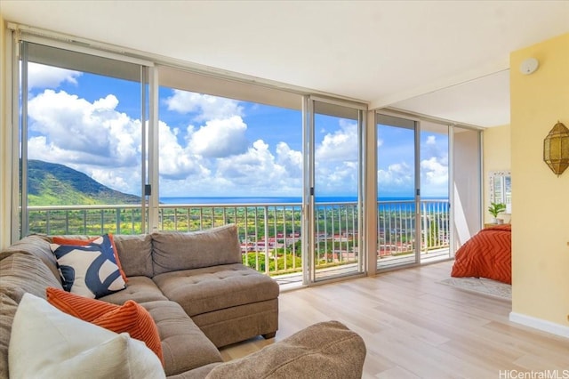 interior space with a water and mountain view, wood finished floors, floor to ceiling windows, and plenty of natural light