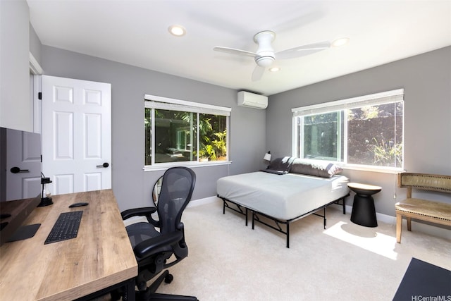 carpeted bedroom featuring recessed lighting, baseboards, a ceiling fan, and a wall unit AC