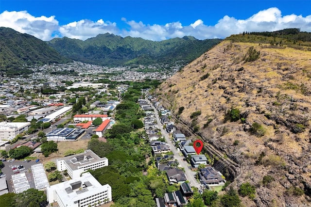 drone / aerial view featuring a mountain view