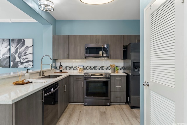 kitchen with stainless steel appliances, a sink, light countertops, light wood finished floors, and backsplash