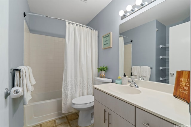 bathroom featuring toilet, vanity, and shower / bathtub combination with curtain